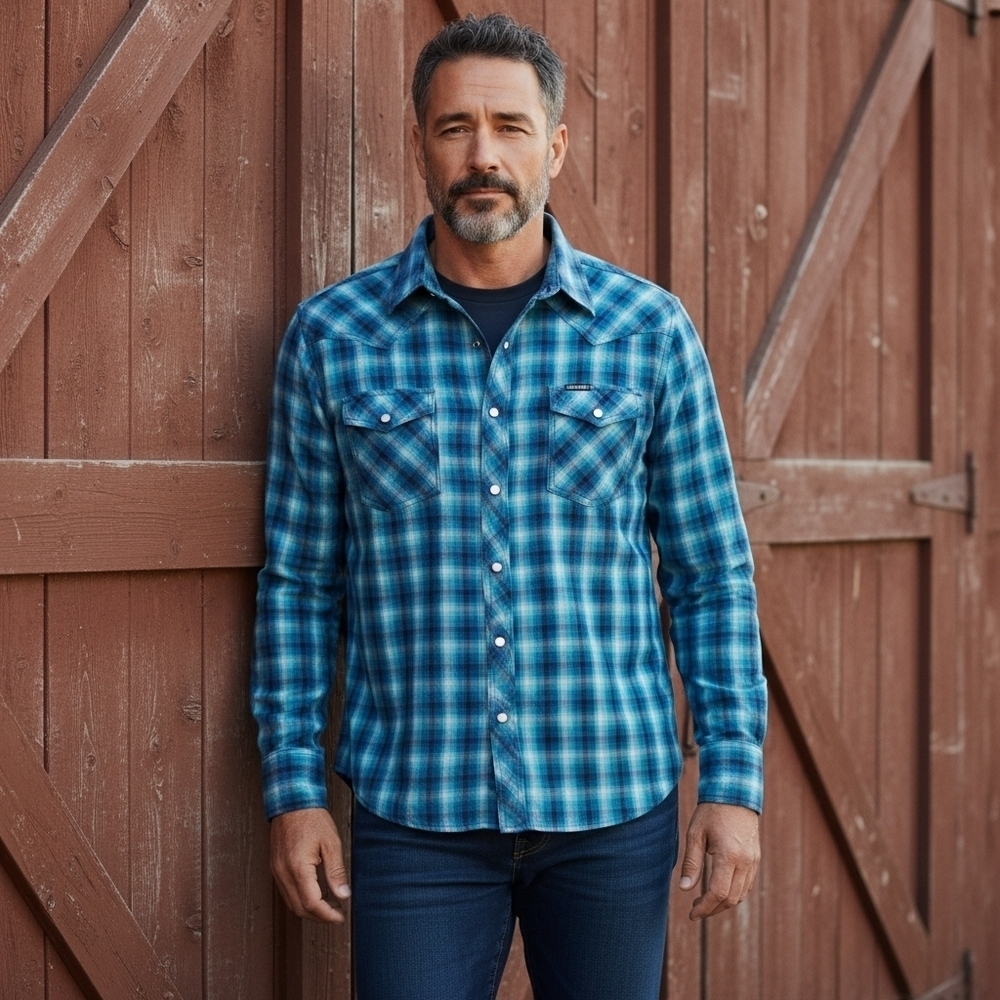 Wrangler Rock 47 Navy And Aqua Blue Plaid Pearl Snap Button Down Shirt